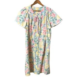 Grannycore Pink Yellow Floral Housecoat Duster/Robe Full Snap Short Sleeve Sz S